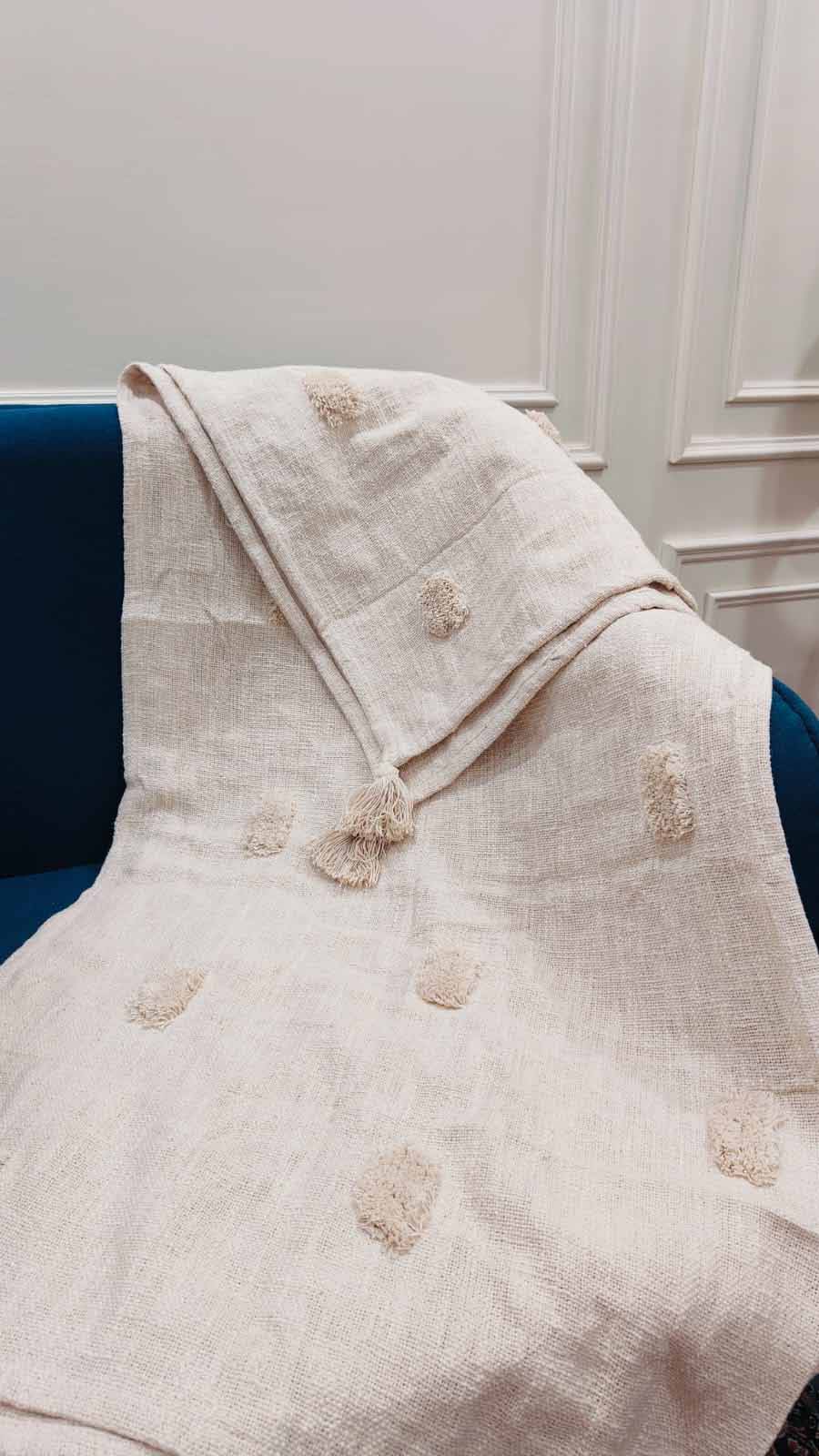 Ivory Textured Tassel Sofa Throw