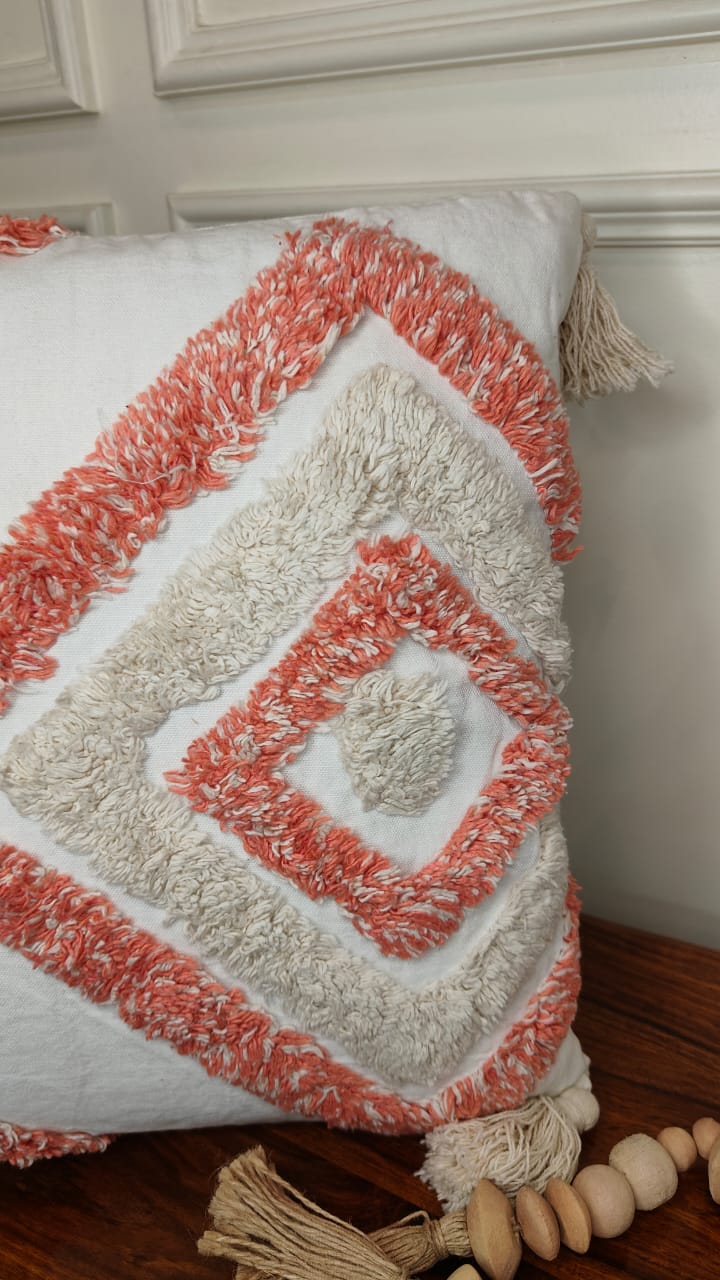 Coral & Ivory Diamond Tufted Tassel Cushion Cover (Single)