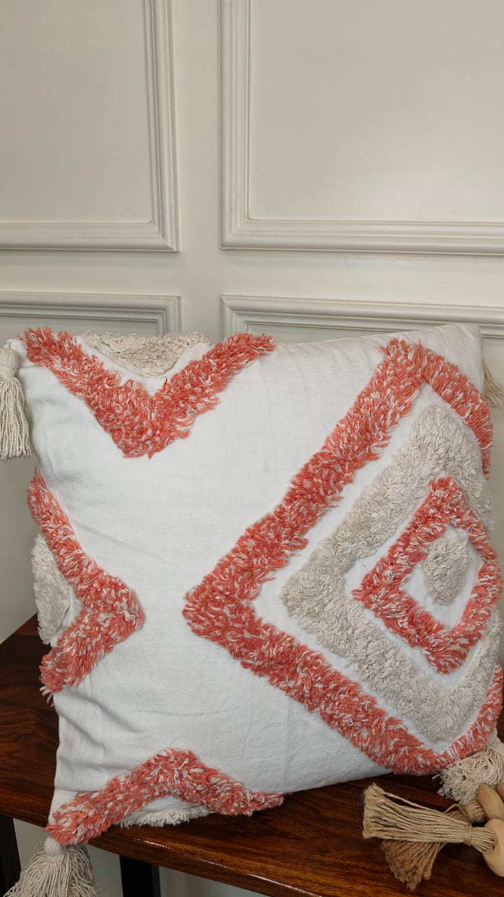 Coral & Ivory Diamond Tufted Tassel Cushion Cover (Single)