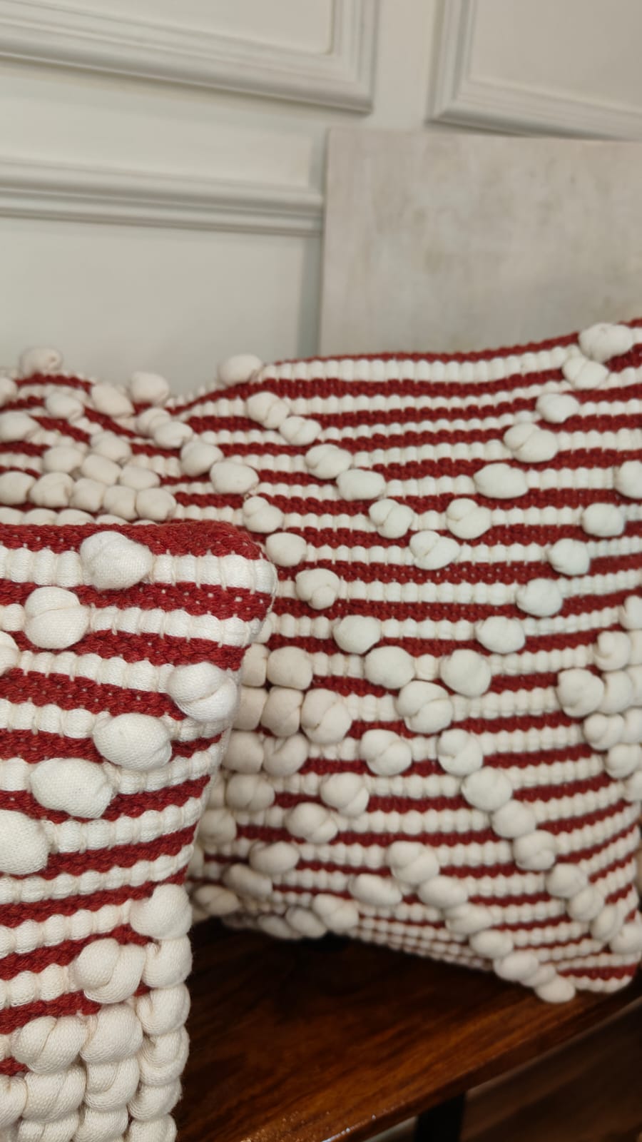 Red & White Pom-Pom Stripe Lumbar Cushion Cover Set (Set of 2)