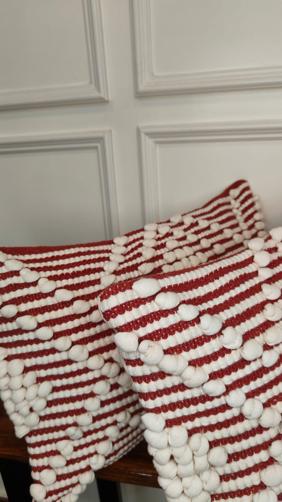 Red & White Pom-Pom Stripe Lumbar Cushion Cover Set (Set of 2)