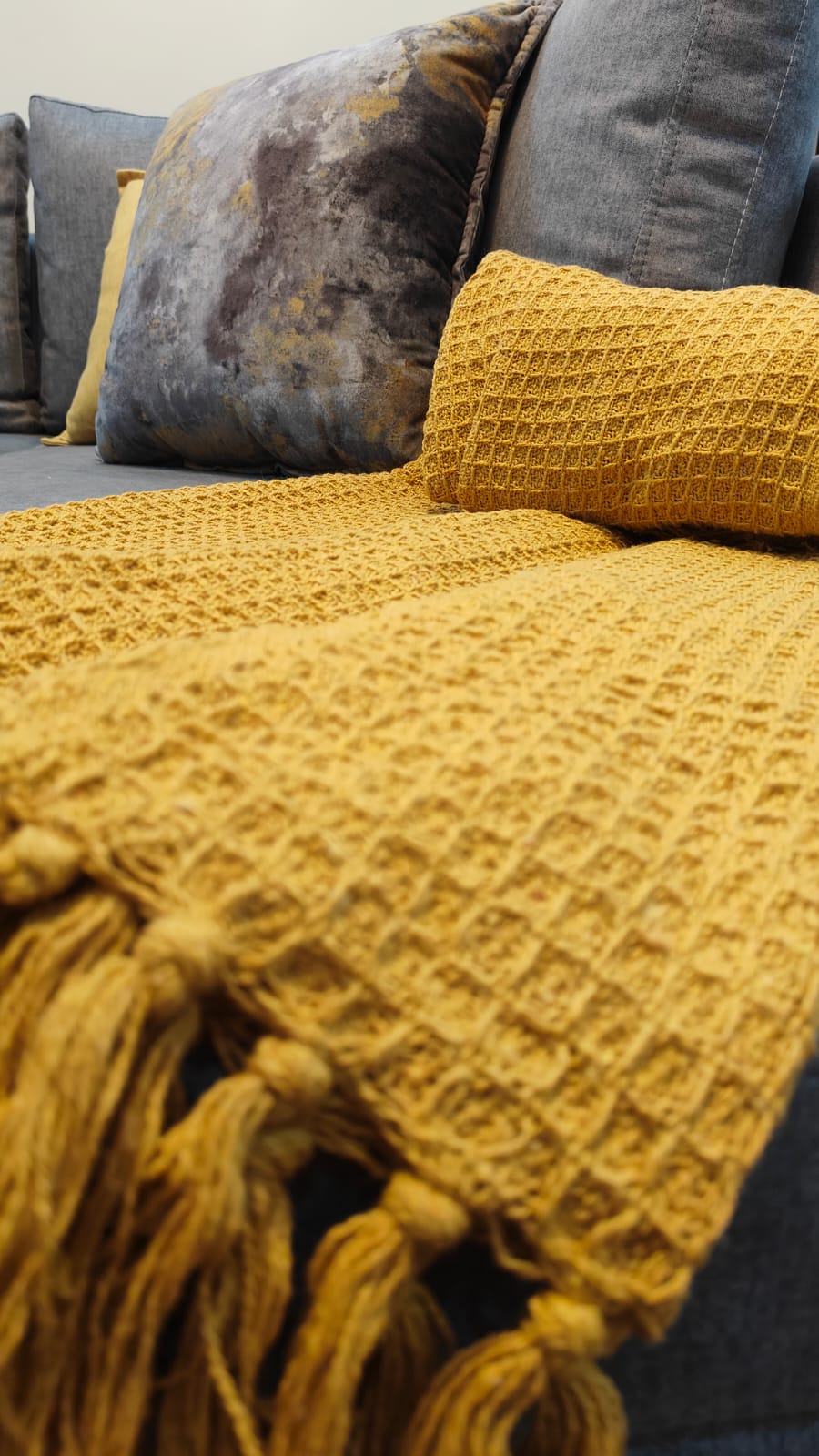 Mustard Yellow Knitted Cotton Throw with Tassels – 50" x 60"
