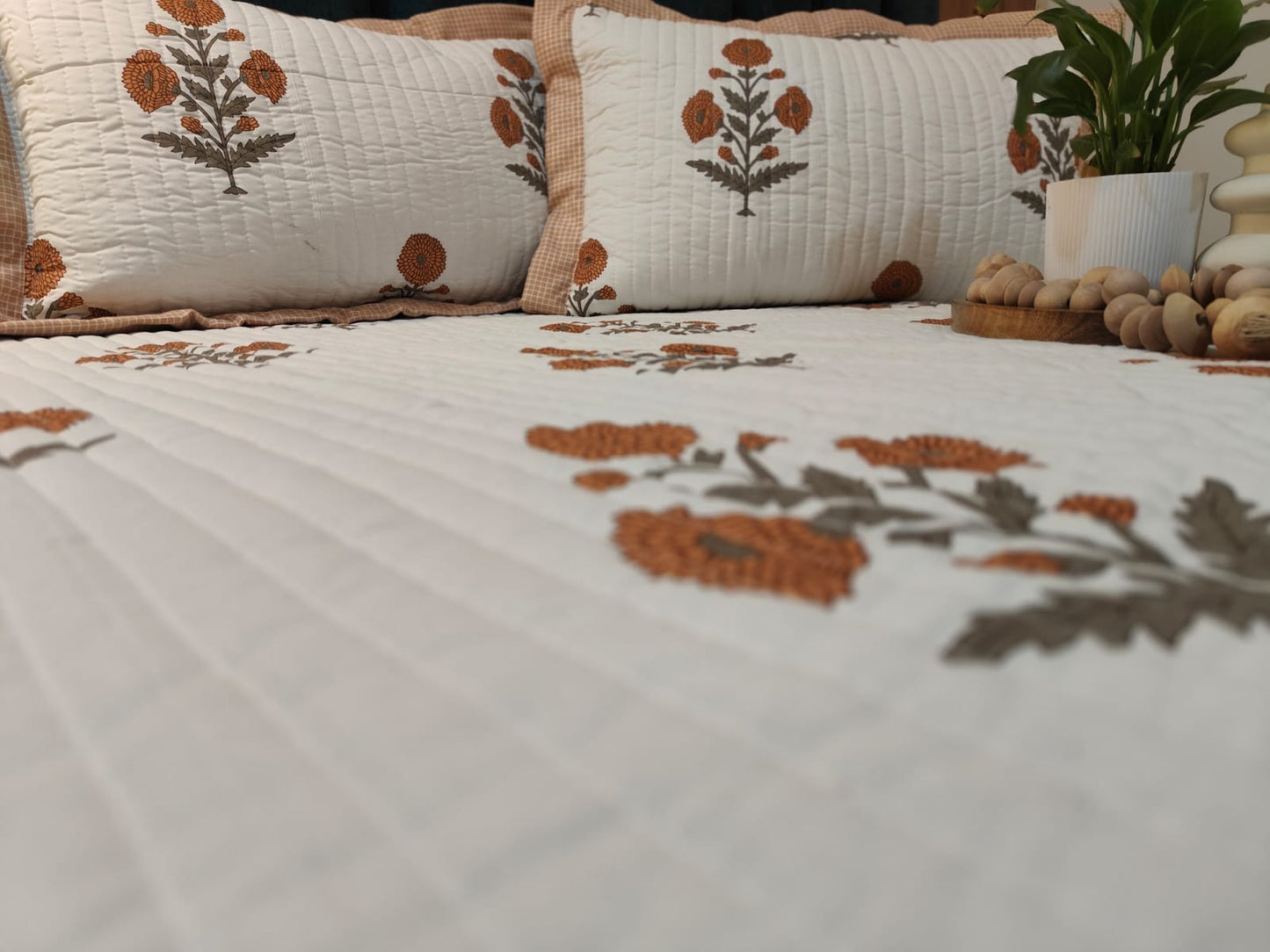 Pure Cotton Quilted King Size Bedcover with Quilted Pillow Covers – Floral Motif