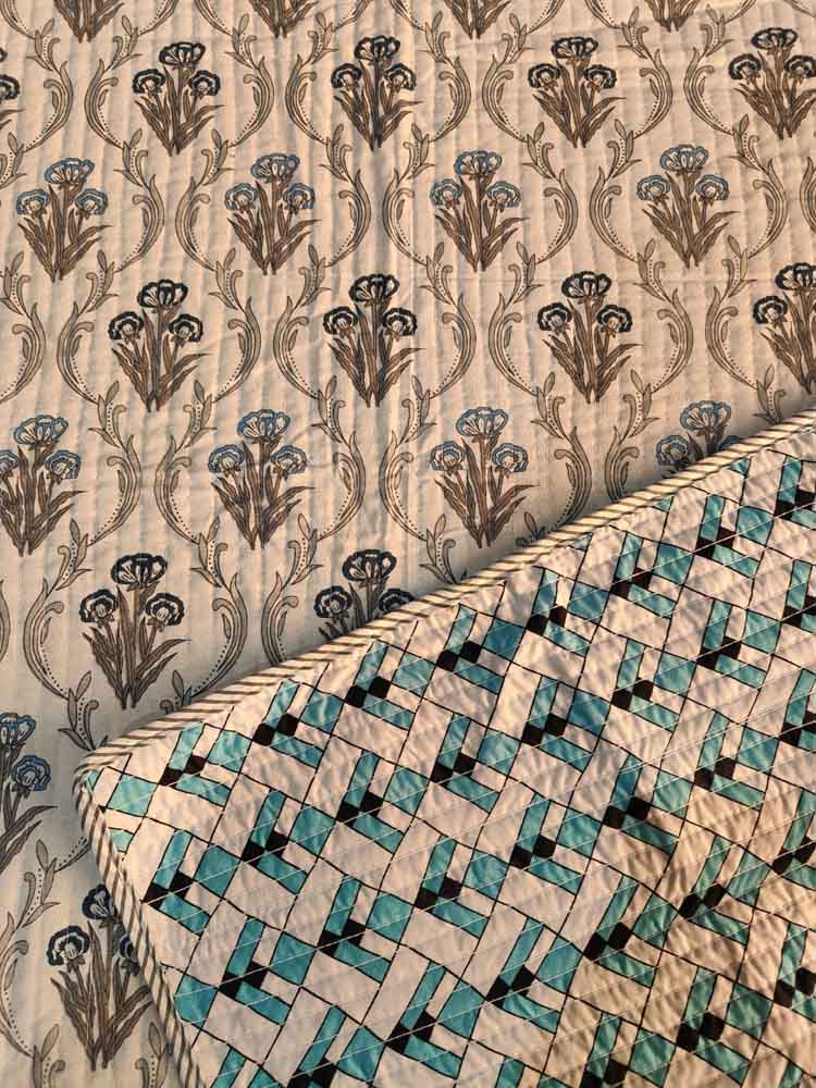 Hand Block Printed Quilted Double Bedcover Set with Pillow Covers – Grey & Blue Floral