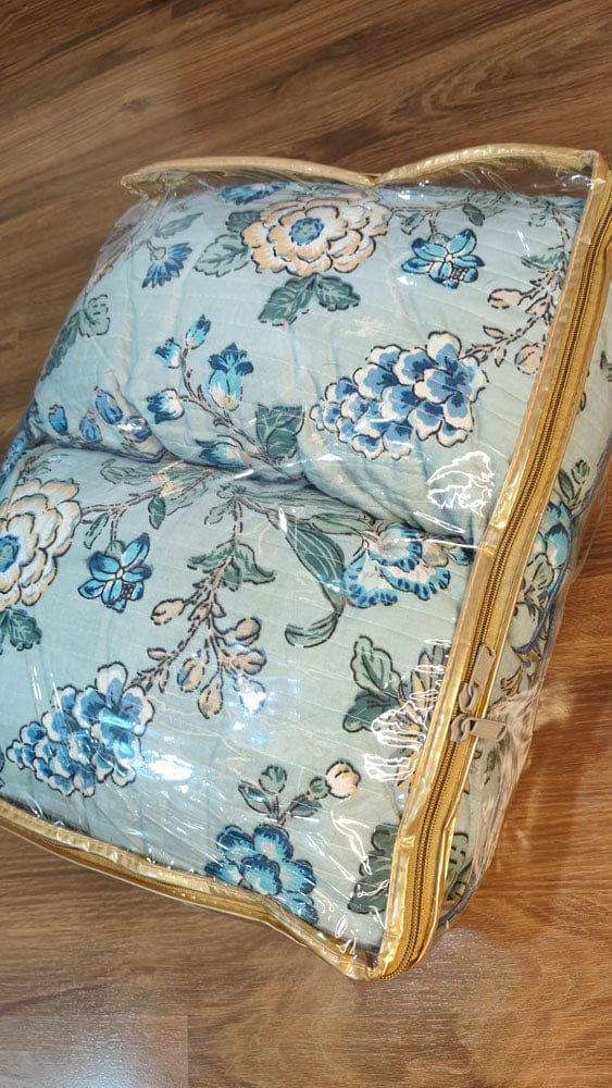 Pastel Blue Floral & Peacock 7-Piece Quilted King Bedding Set