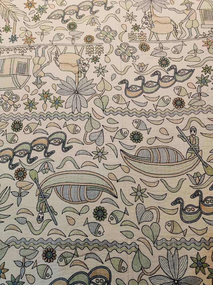 Kantha Print Quilted Double Bed Cover Set – Village & Boat Theme