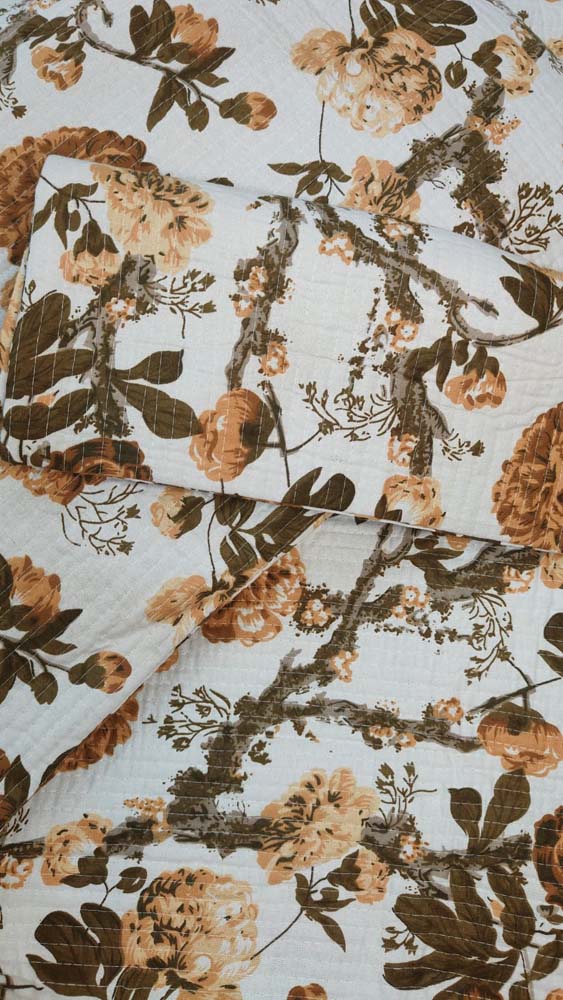 Hand Block Printed Quilted Double Bedcover Set with Pillow Covers – Rust & Olive Floral