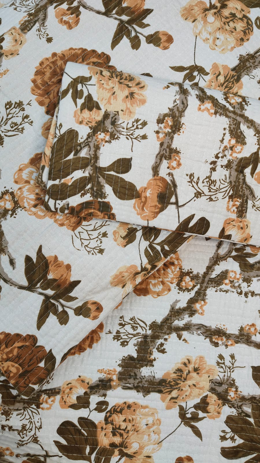 Hand Block Printed Quilted Double Bedcover Set with Pillow Covers – Rust & Olive Floral