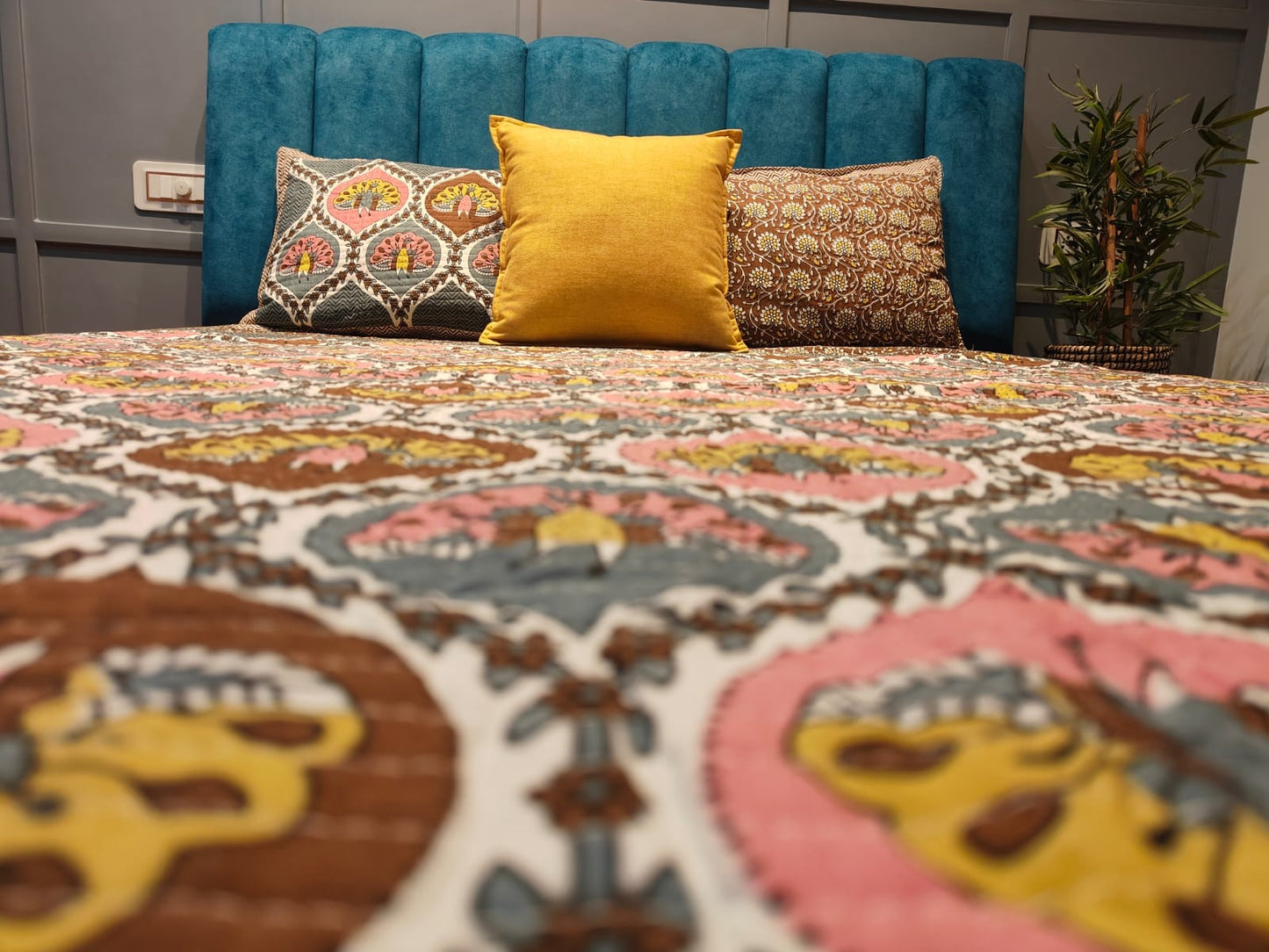 Hand Block Printed Quilted Double Bed Cover Set – Peacock Motif