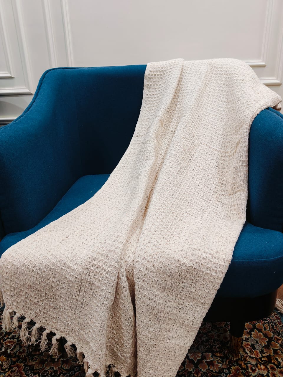 Off White Knitted Cotton Throw with Tassels – 50" x 60"