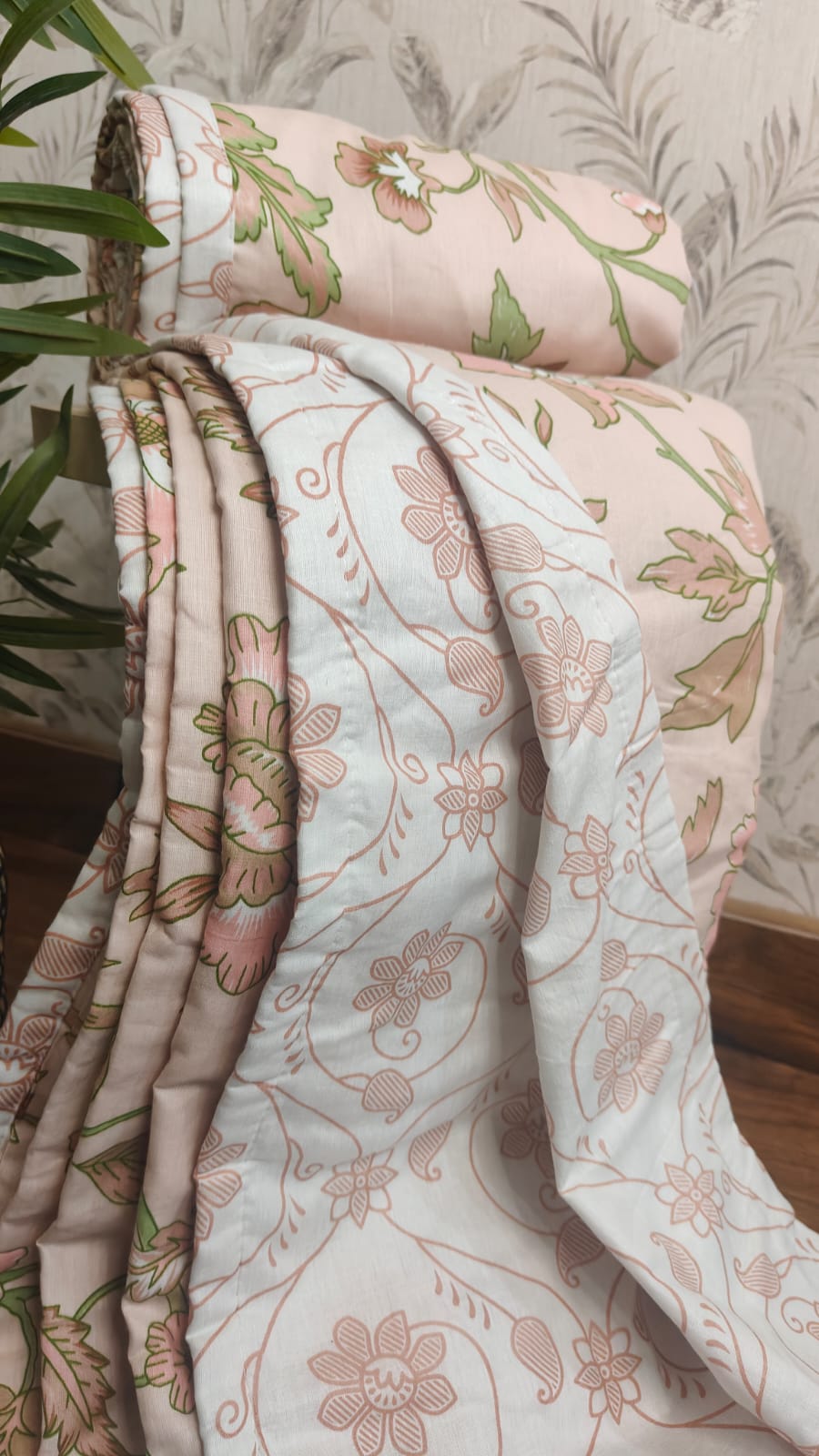 Gulnaar Peach Reversible Dohar – Warm Peach & Soft White floral