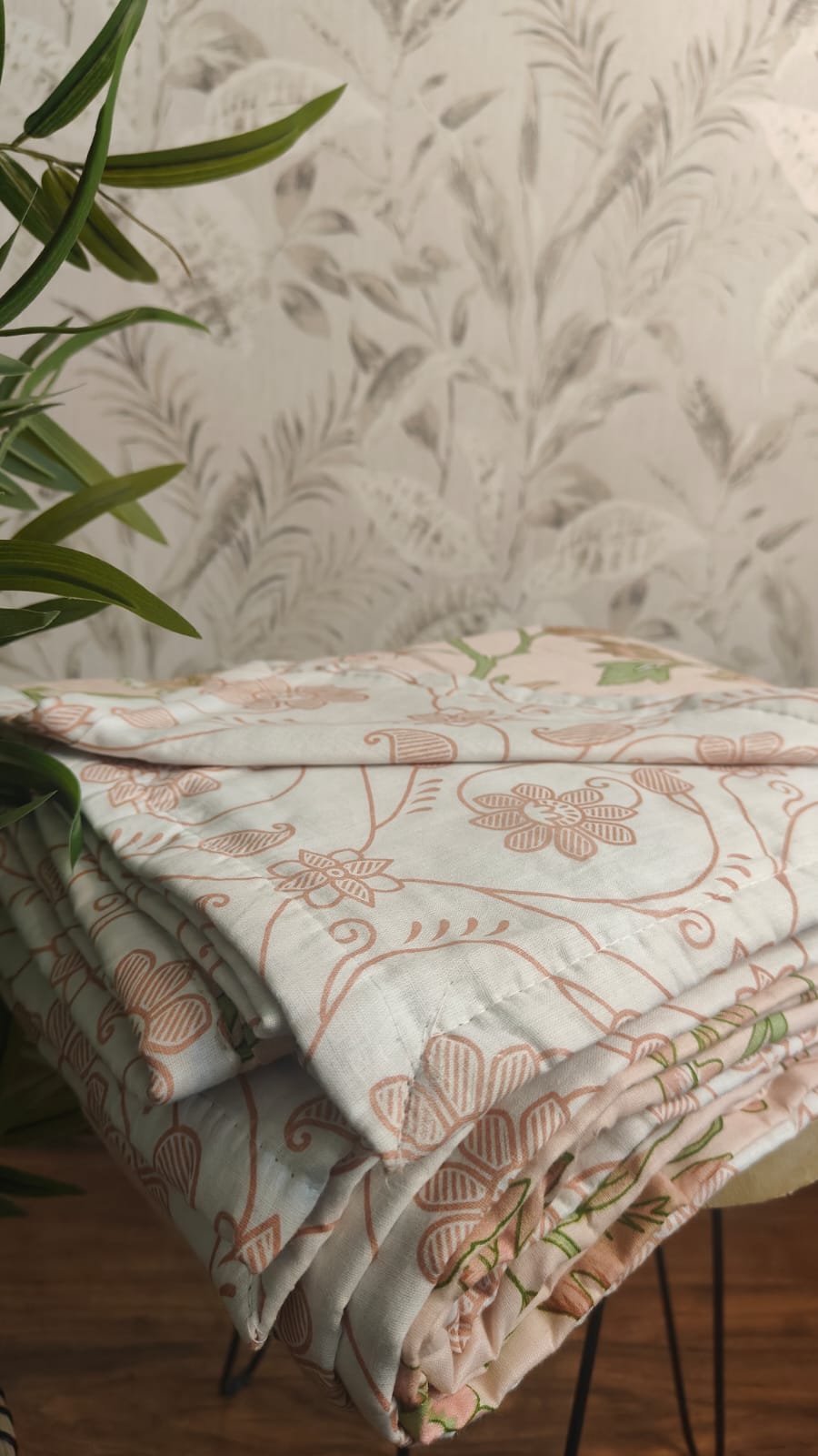 Gulnaar Peach Reversible Dohar – Warm Peach & Soft White floral