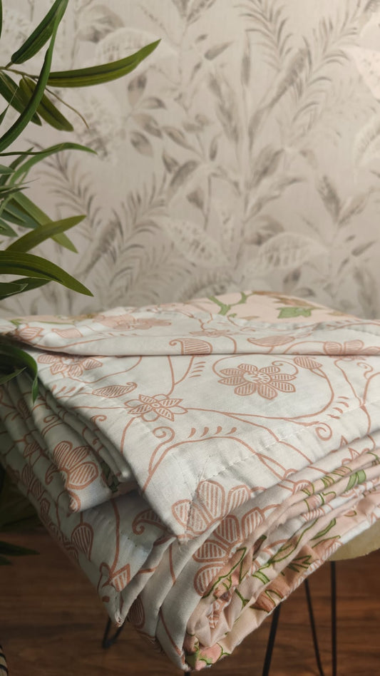 Gulnaar Peach Reversible Dohar – Warm Peach & Soft White floral