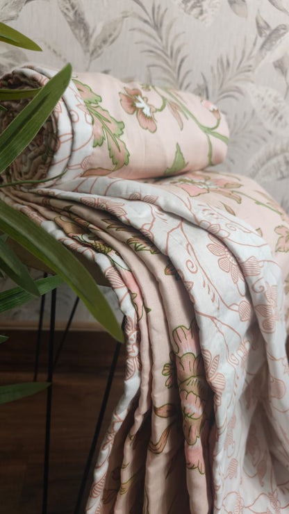 Gulnaar Peach Reversible Dohar – Warm Peach & Soft White floral