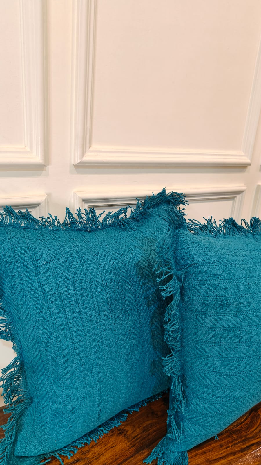 Teal Blue Tufted Fringe Cushion (Set of 2)