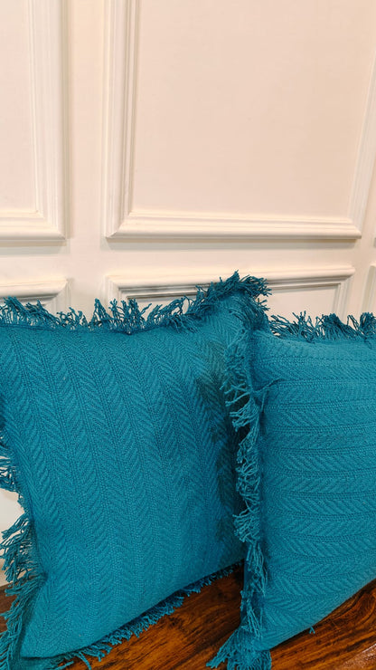 Teal Blue Tufted Fringe Cushion (Set of 2)