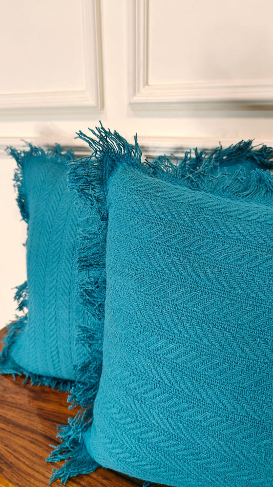 Teal Blue Tufted Fringe Cushion (Set of 2)