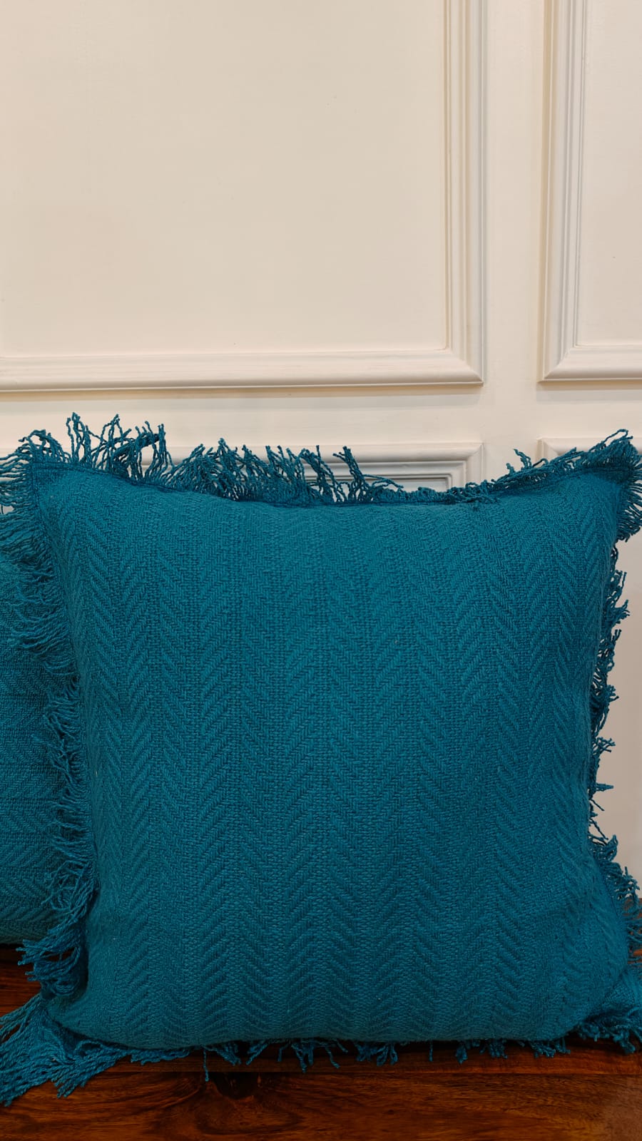 Teal Blue Tufted Fringe Cushion (Set of 2)