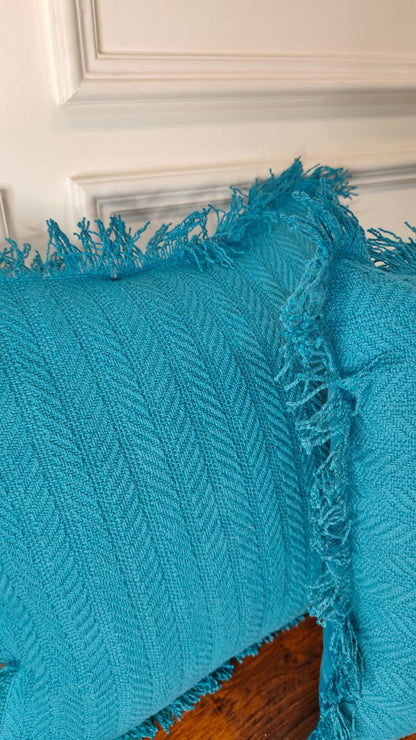 Teal Blue Tufted Fringe Cushion (Set of 2)
