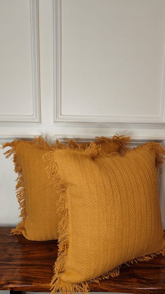 Golden Ochre Tufted Fringe Cushion (Set Of 2)