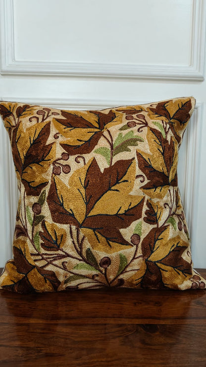 Autumn Chinar – Kashmiri Hand-Embroidered Cushion Cover
