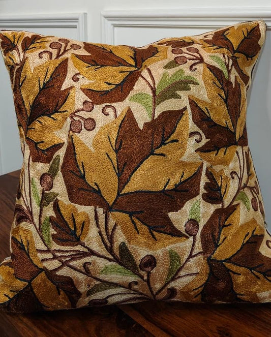 Autumn Chinar – Kashmiri Hand-Embroidered Cushion Cover
