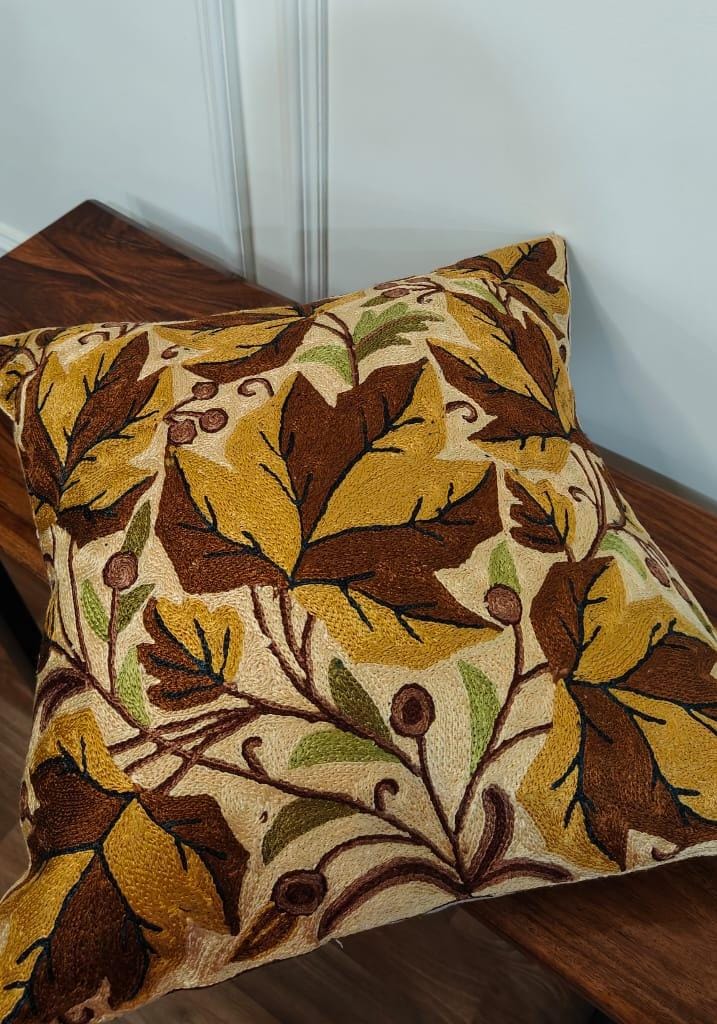 Autumn Chinar – Kashmiri Hand-Embroidered Cushion Cover