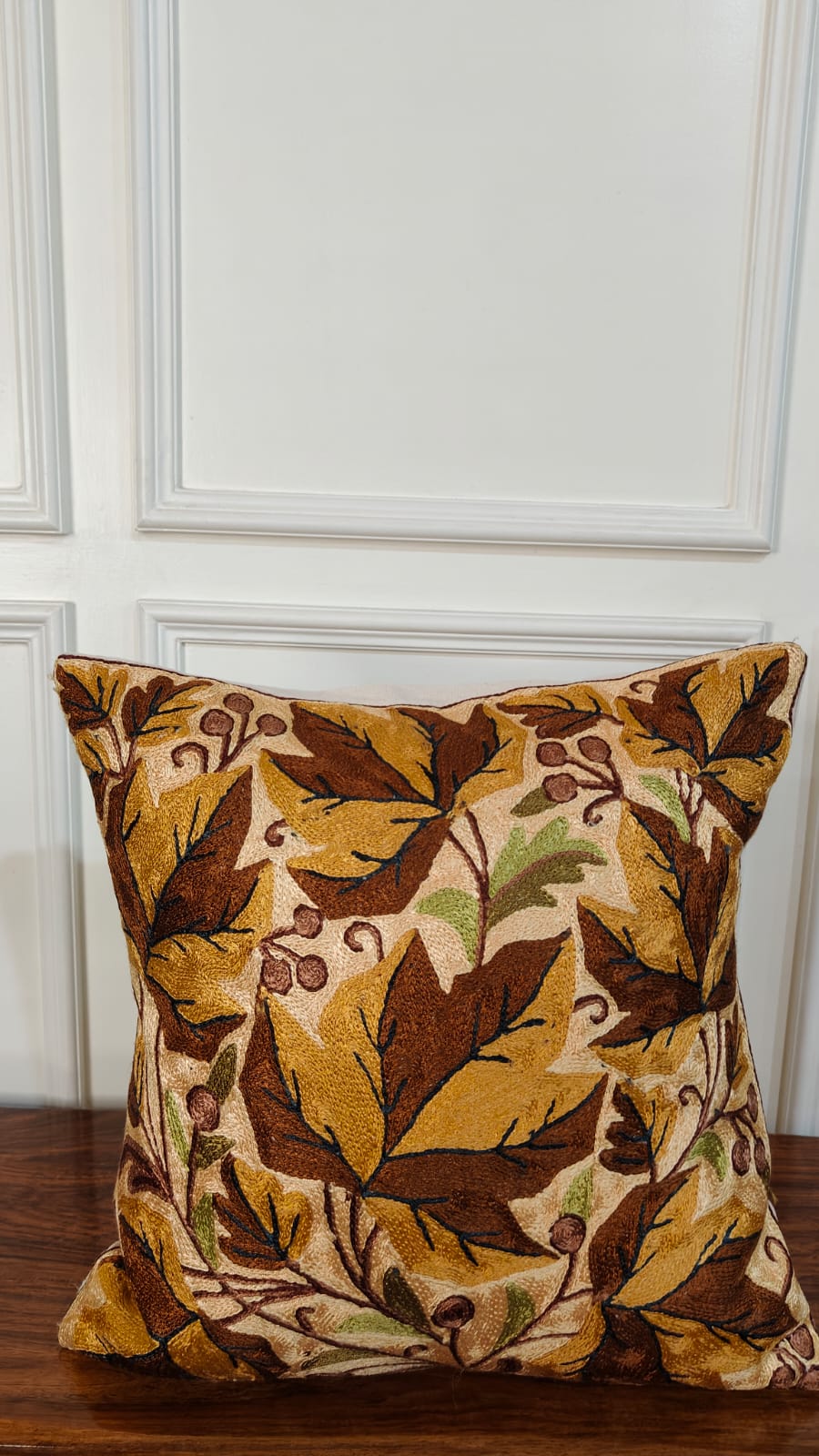Autumn Chinar – Kashmiri Hand-Embroidered Cushion Cover