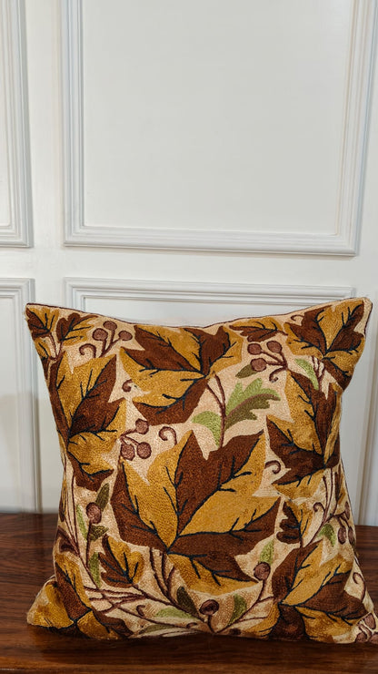 Autumn Chinar – Kashmiri Hand-Embroidered Cushion Cover