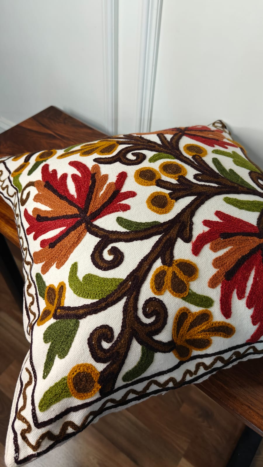Autumn Grove – Contemporary Embroidered Kashmiri Cushion Cover