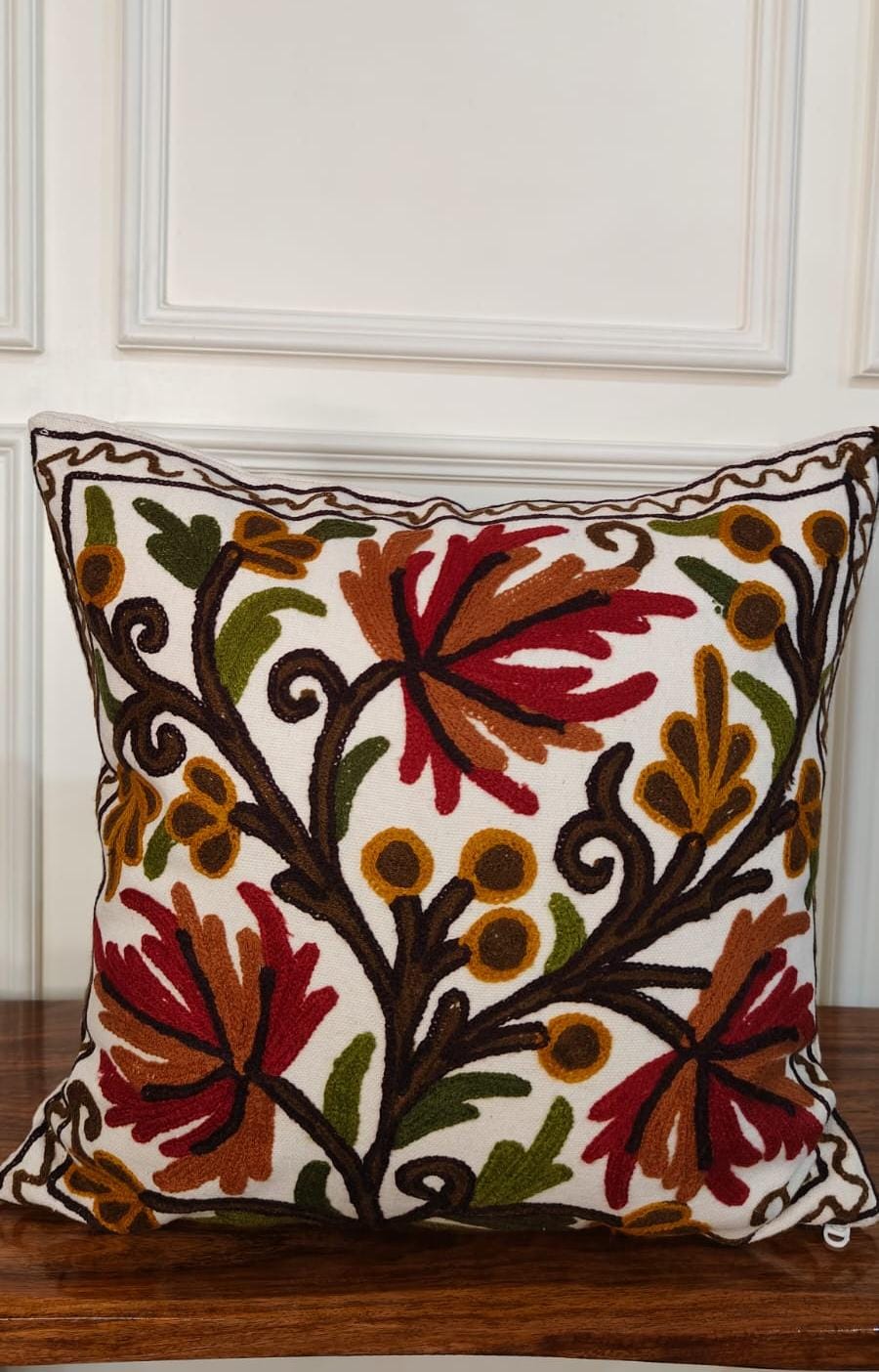 Autumn Grove – Contemporary Embroidered Kashmiri Cushion Cover