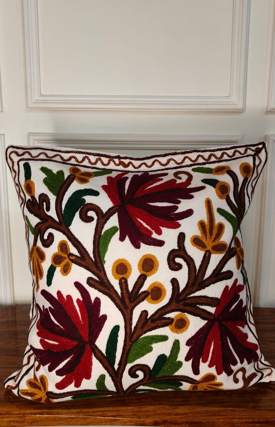 Crimson Chinar – Kashmiri-Inspired Contemporary Embroidered Cushion Cover