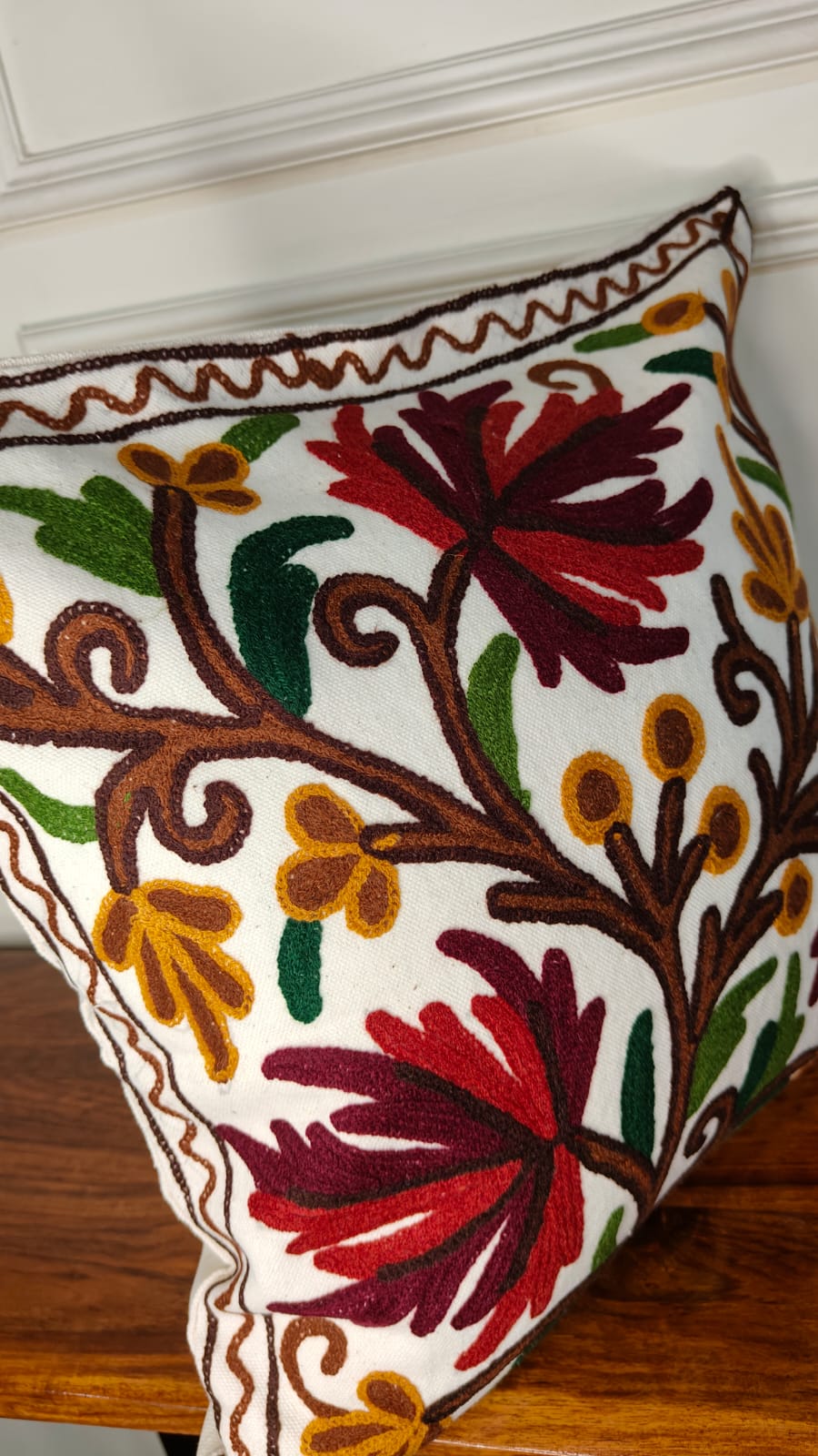 Crimson Chinar – Kashmiri-Inspired Contemporary Embroidered Cushion Cover