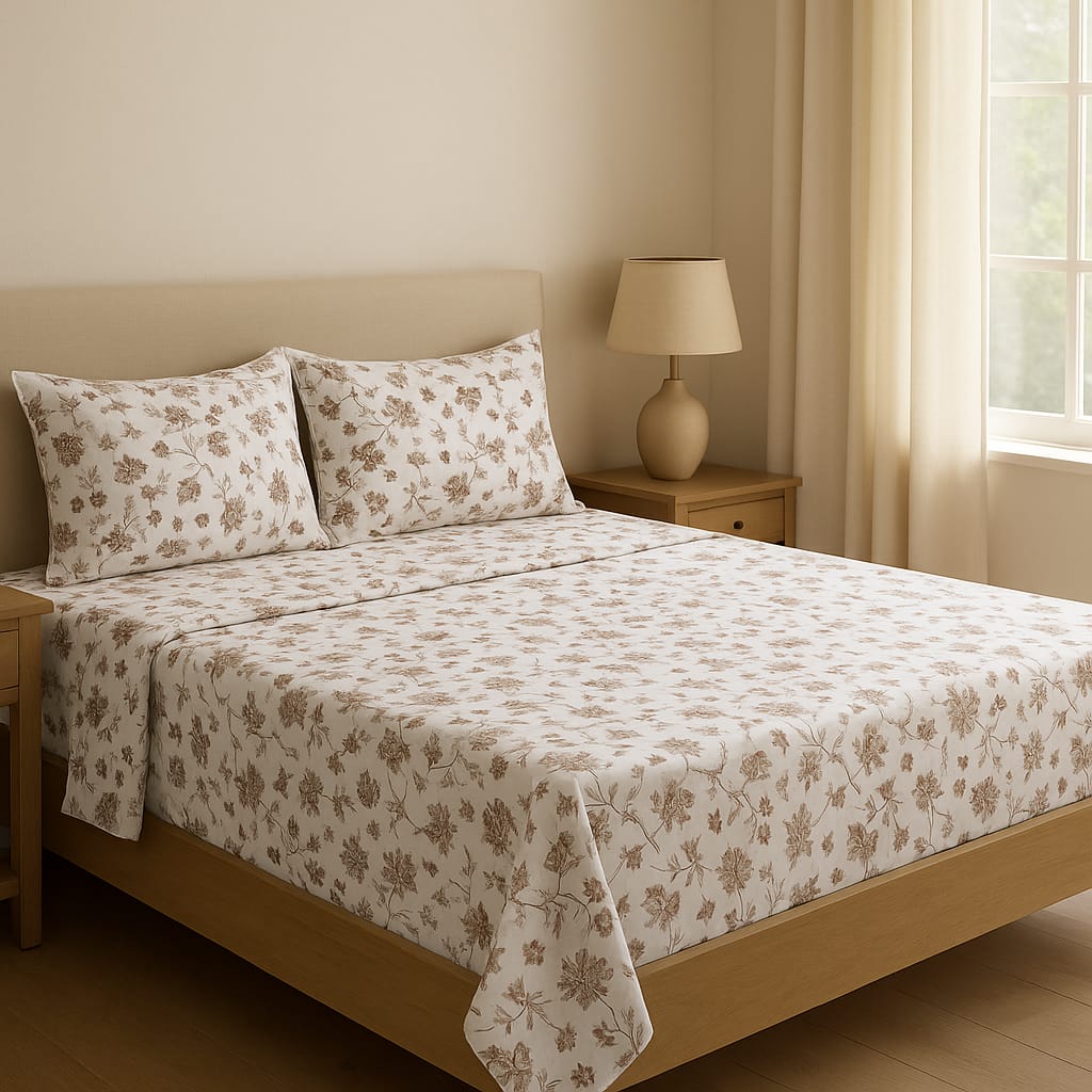 Chestnut Bloom – Brown Floral Cotton Bedsheet Set (King Size)