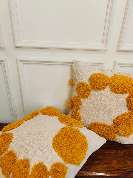 Ochre Bloom Tufted Cotton Cushion Covers (Set of 2)