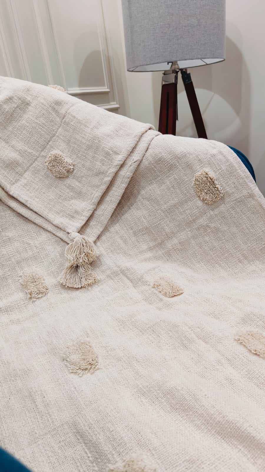 Ivory Textured Tassel Sofa Throw
