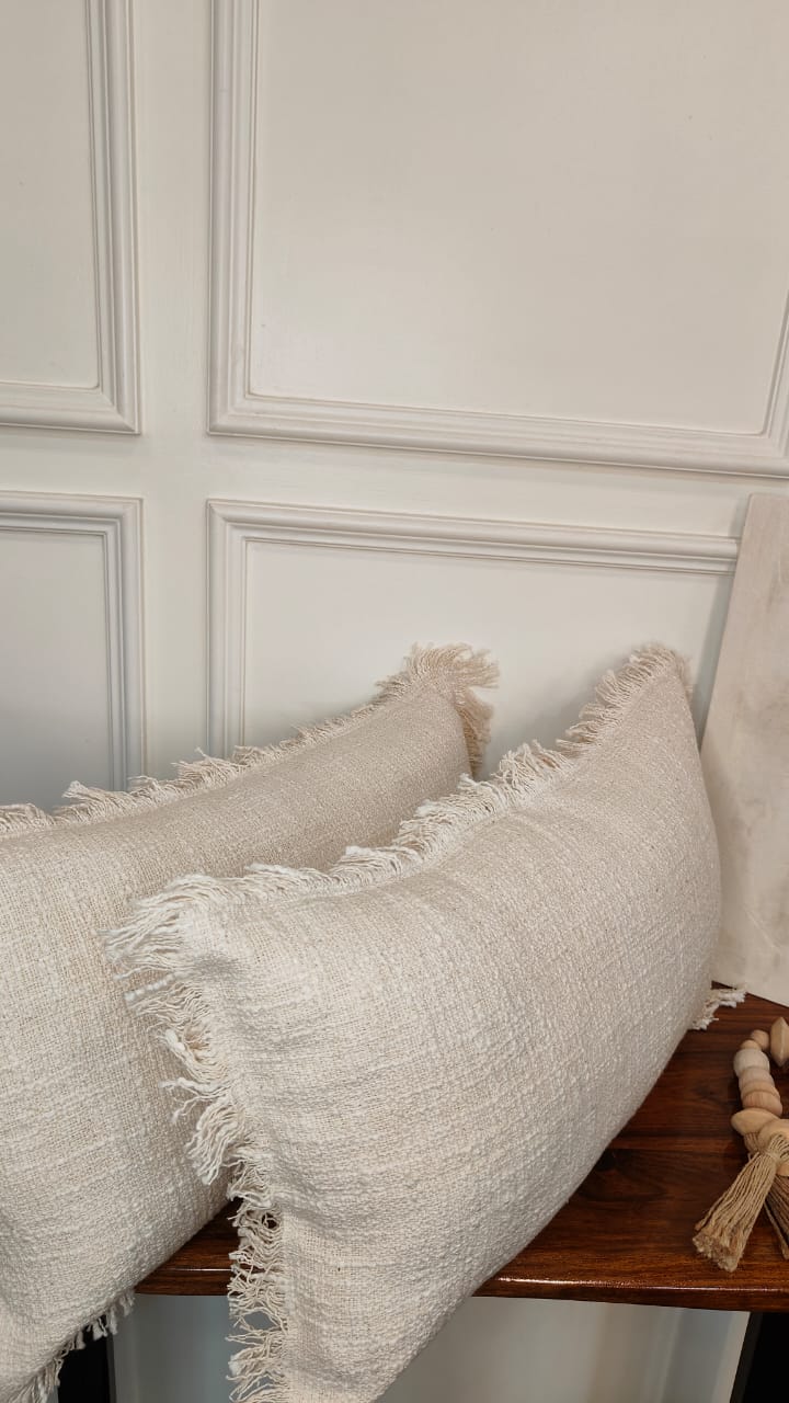 Ivory Textured Fringe Lumbar Cushion Set (Set of 2)