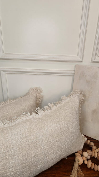 Ivory Textured Fringe Lumbar Cushion Set (Set of 2)