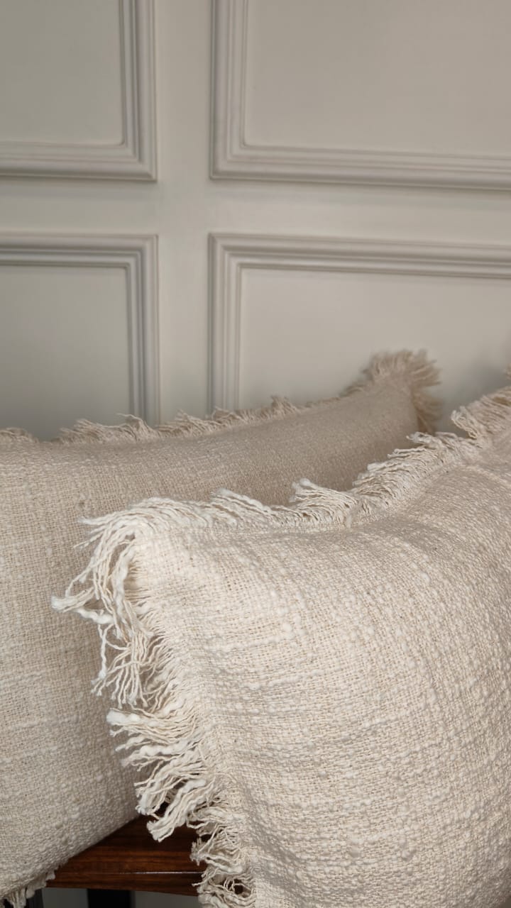 Ivory Textured Fringe Lumbar Cushion Set (Set of 2)