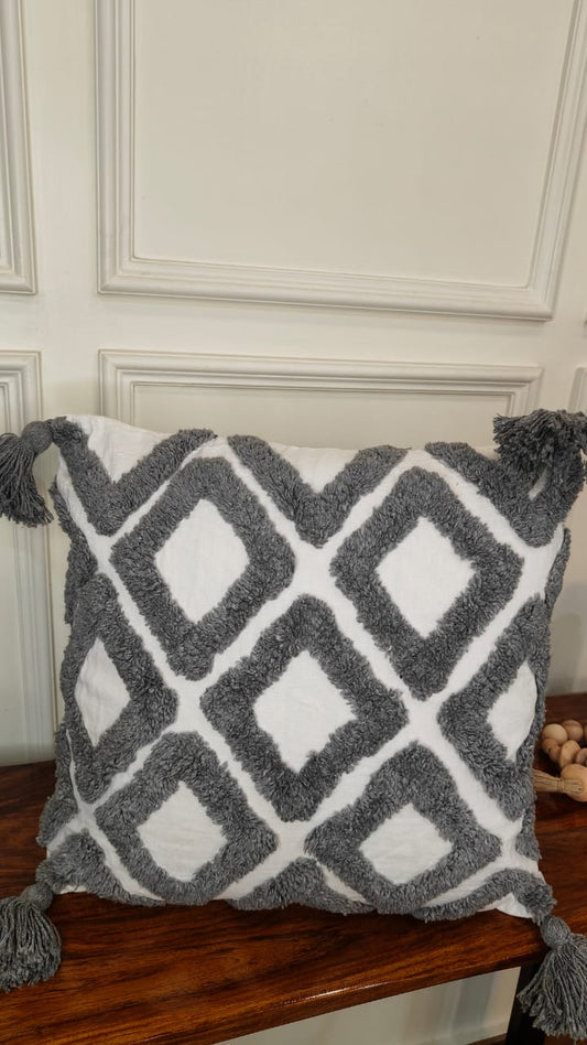 Grey Diamond Tufted Tassel Cushion Cover (Single)