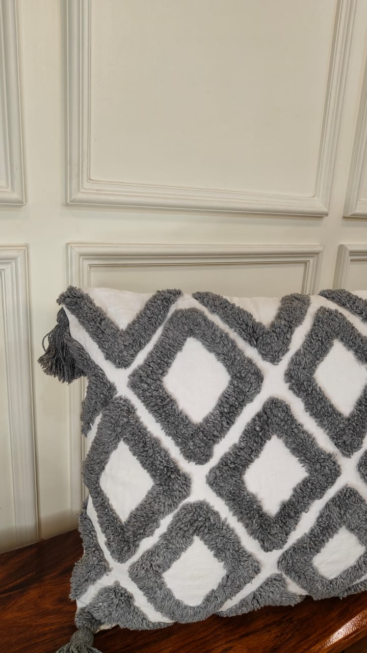 Grey Diamond Tufted Tassel Cushion Cover (Single)