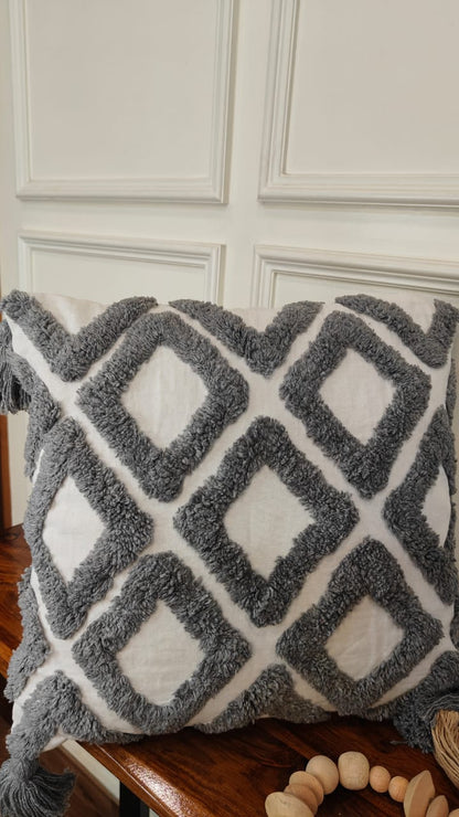 Grey Diamond Tufted Tassel Cushion Cover (Single)
