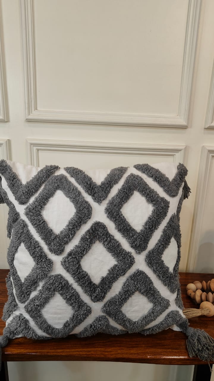 Grey Diamond Tufted Tassel Cushion Cover (Single)