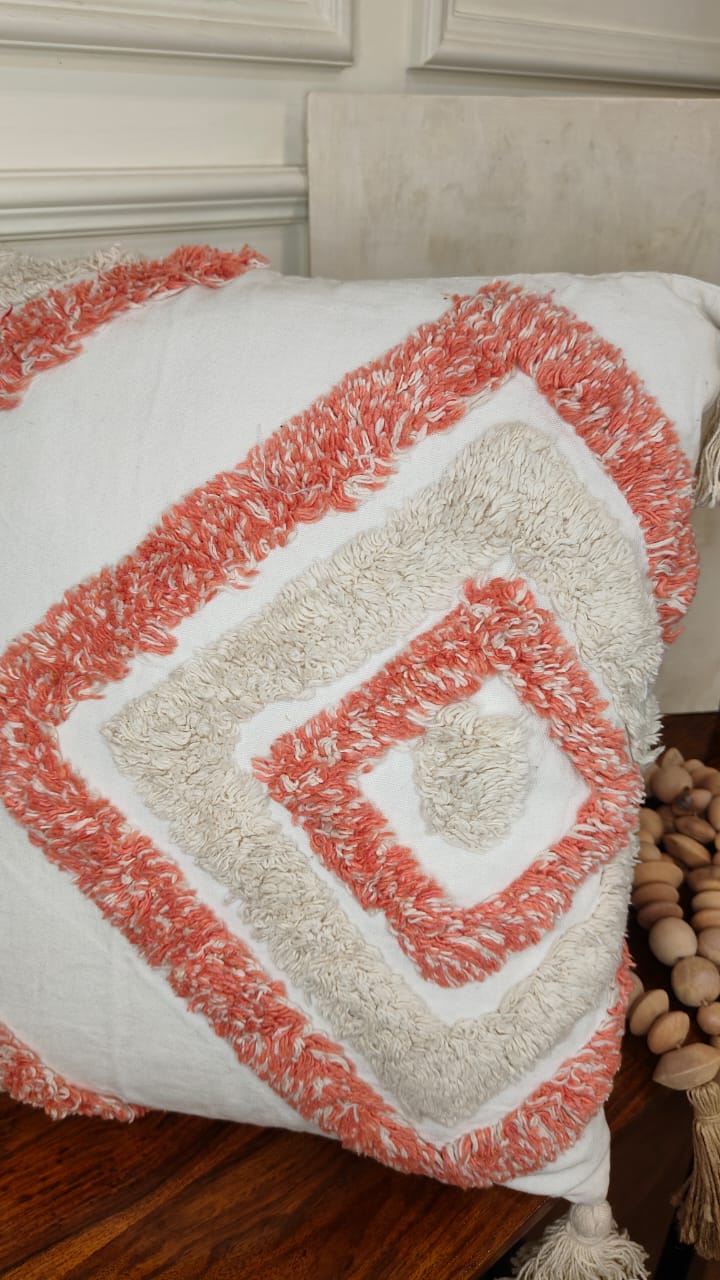 Coral & Ivory Diamond Tufted Tassel Cushion Cover (Single)