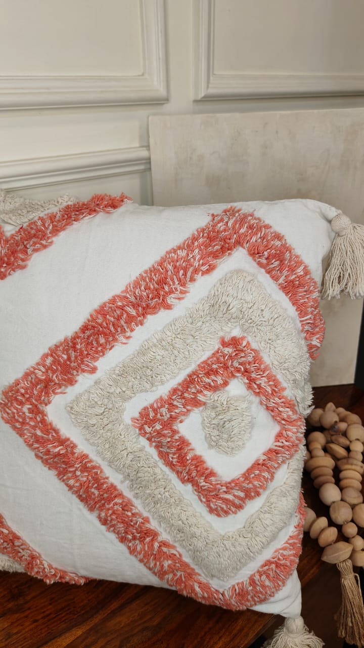 Coral & Ivory Diamond Tufted Tassel Cushion Cover (Single)