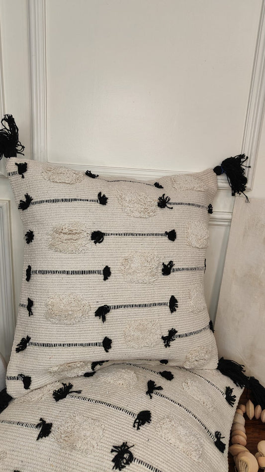 Black Dot & Line Woven Tassel Cushion Cover Set (Set of 2)