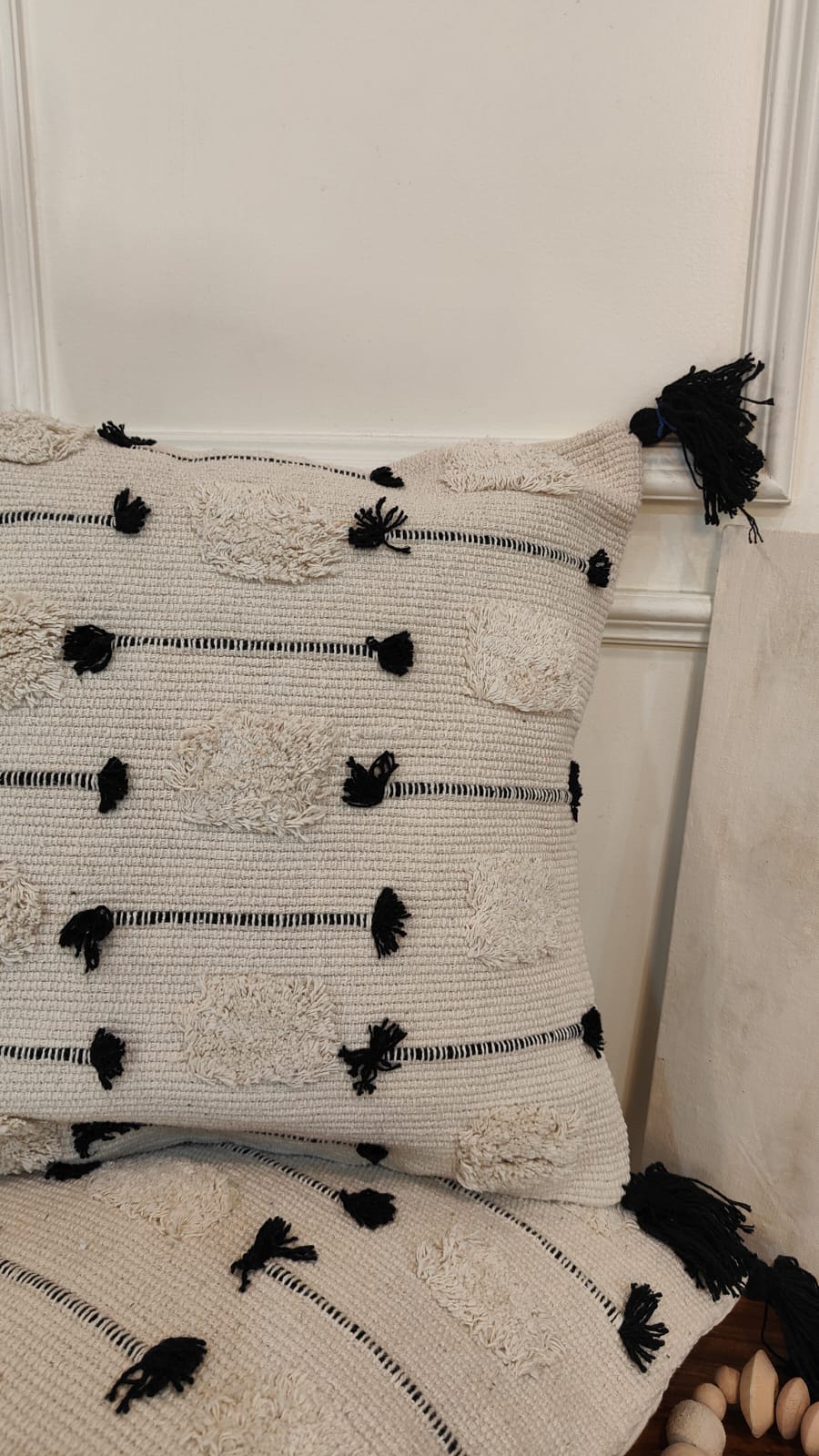 Black Dot & Line Woven Tassel Cushion Cover Set (Set of 2)