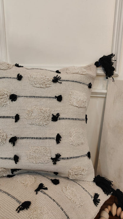 Black Dot & Line Woven Tassel Cushion Cover Set (Set of 2)