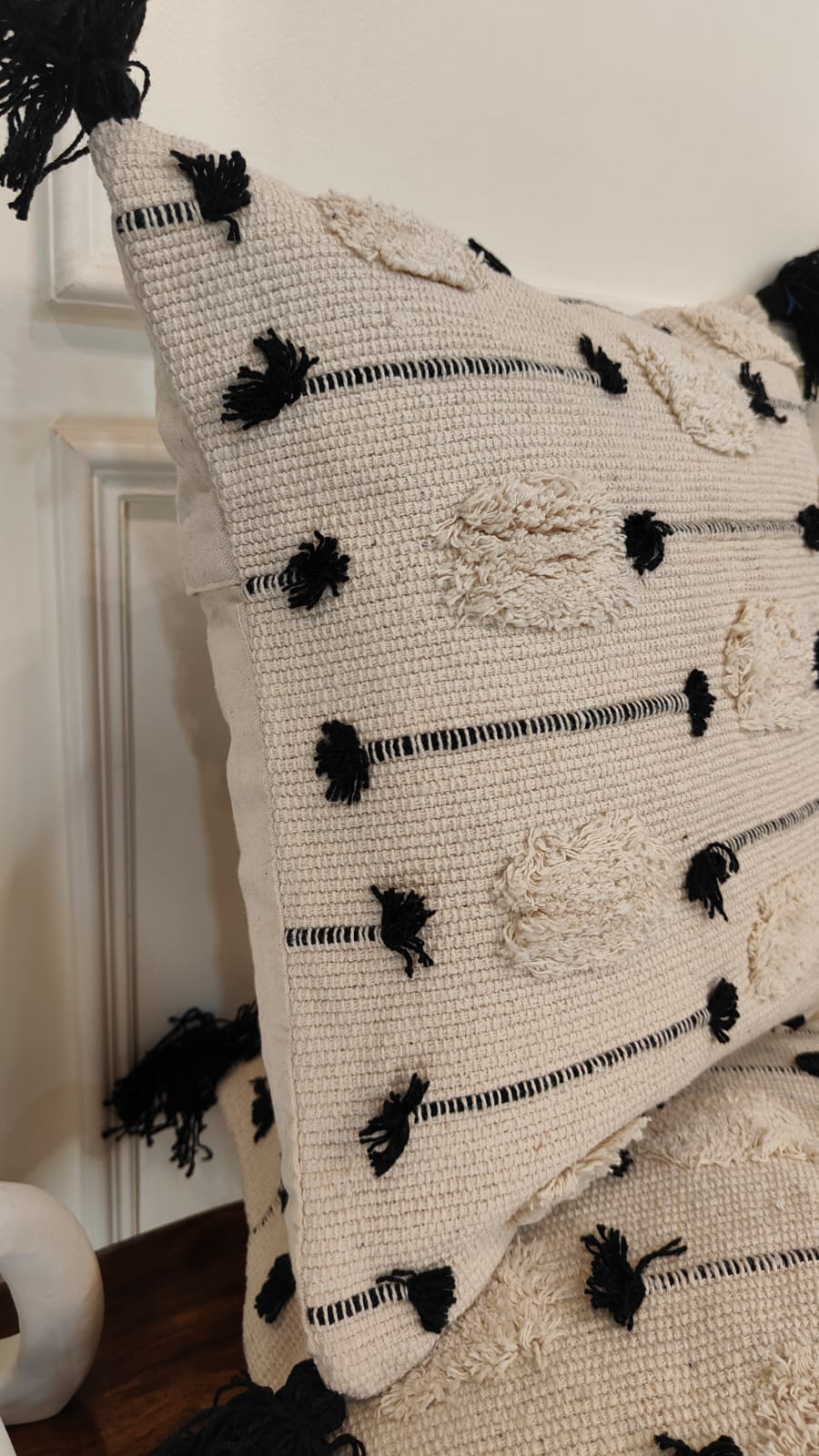 Black Dot & Line Woven Tassel Cushion Cover Set (Set of 2)