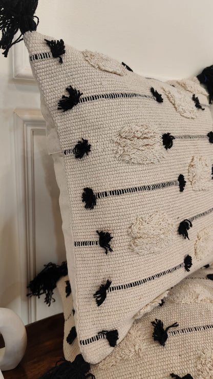 Black Dot & Line Woven Tassel Cushion Cover Set (Set of 2)